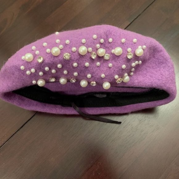 *HP* Purple wool beret with pearls, rhinestones and faux fur pom pom NWOT - Picture 5 of 6